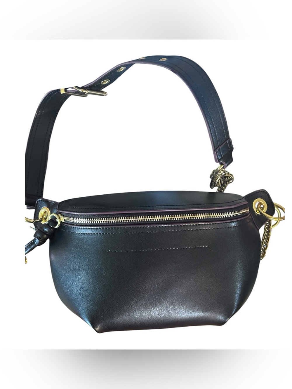 Baginning Black Genuine Leather Zipper Fanny Pack Chain Strap Belt Bag